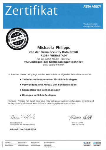 Zertifikat | Grundlagen Schließanlagentechnik | Hr. Michaela Philipps