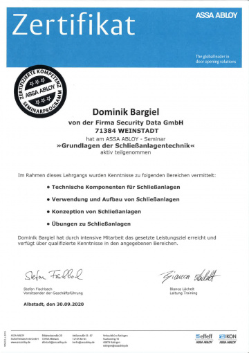 Zertifikat | Grundlagen Schließanlagentechnik | Hr. Dominik Bargiel