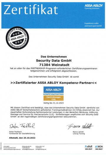 Assa Abloy | Zertifikat Security Data | Cliq | 2022