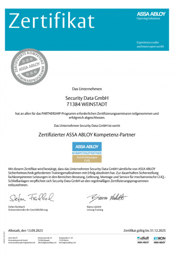 Assa Abloy | Zertifikat Kompetenz Partner | Security Data | 2023